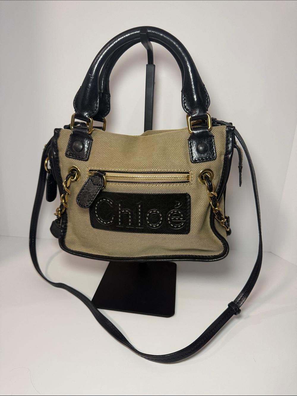 Chloé Canvas & Black Leather Satchel Crossbody Bag Gold Hardware - Picture 4 of 13